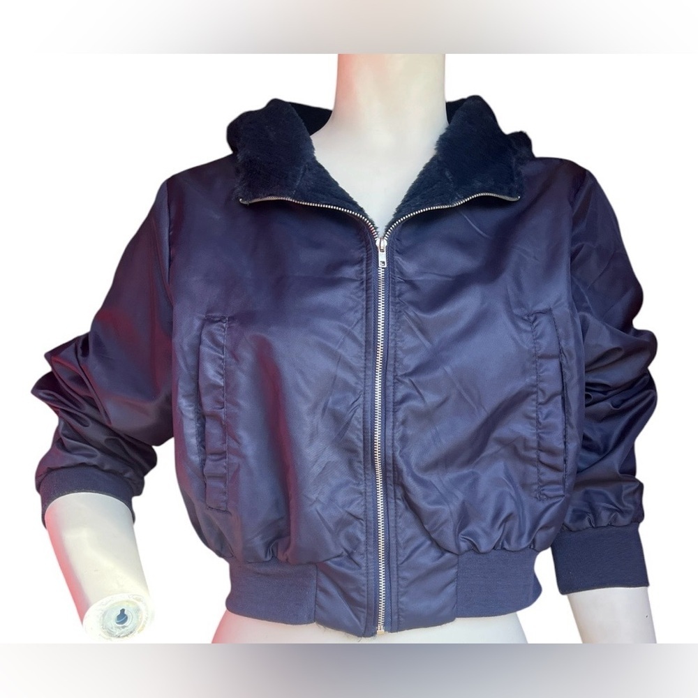 Women's Navy Bomber Jacket with Sherpa Collar